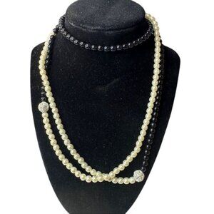 Elegant Black & Ivory Faux Pearl Double Strand Necklace With Rhinestone Accents